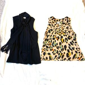 Cabi Womens Sleeveless Blouse Bundle Black Tie Neck Fringe & Leopard Print L